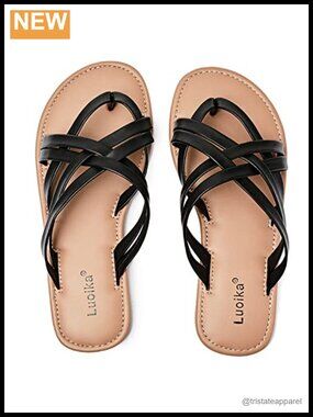 Women's Wide Width Flat Strappy Slides Sandals Faux Leather Comfortable